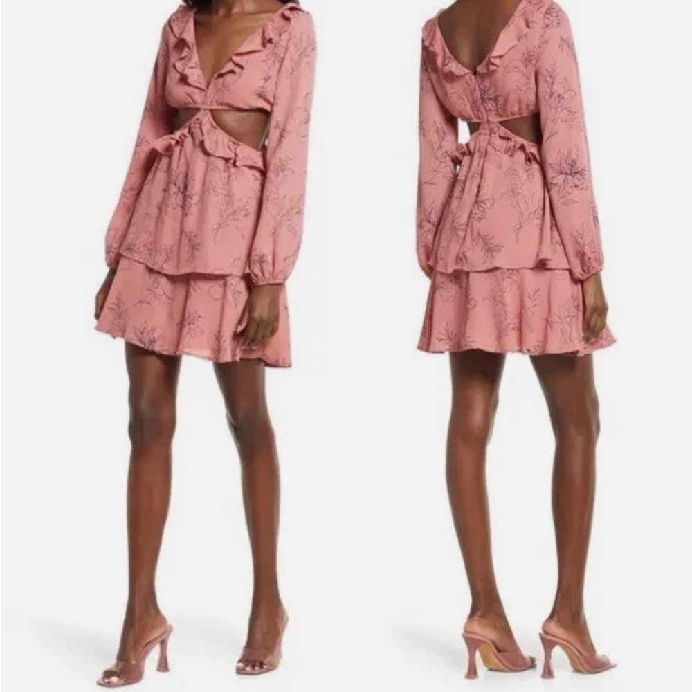 Nordstrom Cut out Long sleeve Ruffle Mini Dress Pink Floral Size M